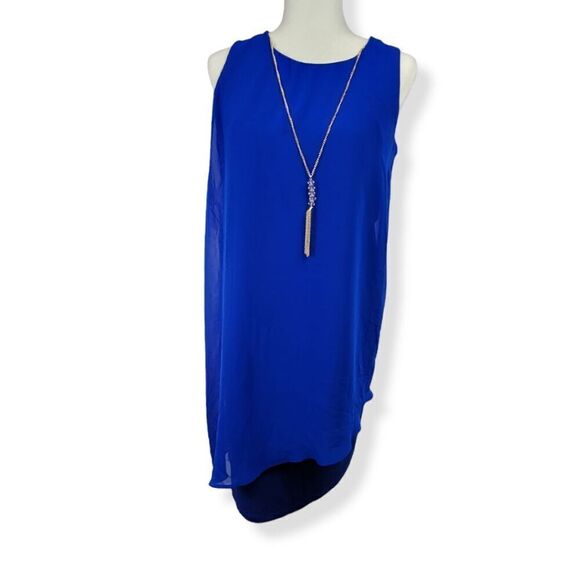 JM Collections Blue Shift Chiffon Dress Petite Medium - Picture 3 of 5